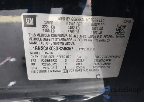 2016 Chevrolet Tahoe Ls z USA, uszkodzony, nr VIN 1GNSCAKC3GR245367